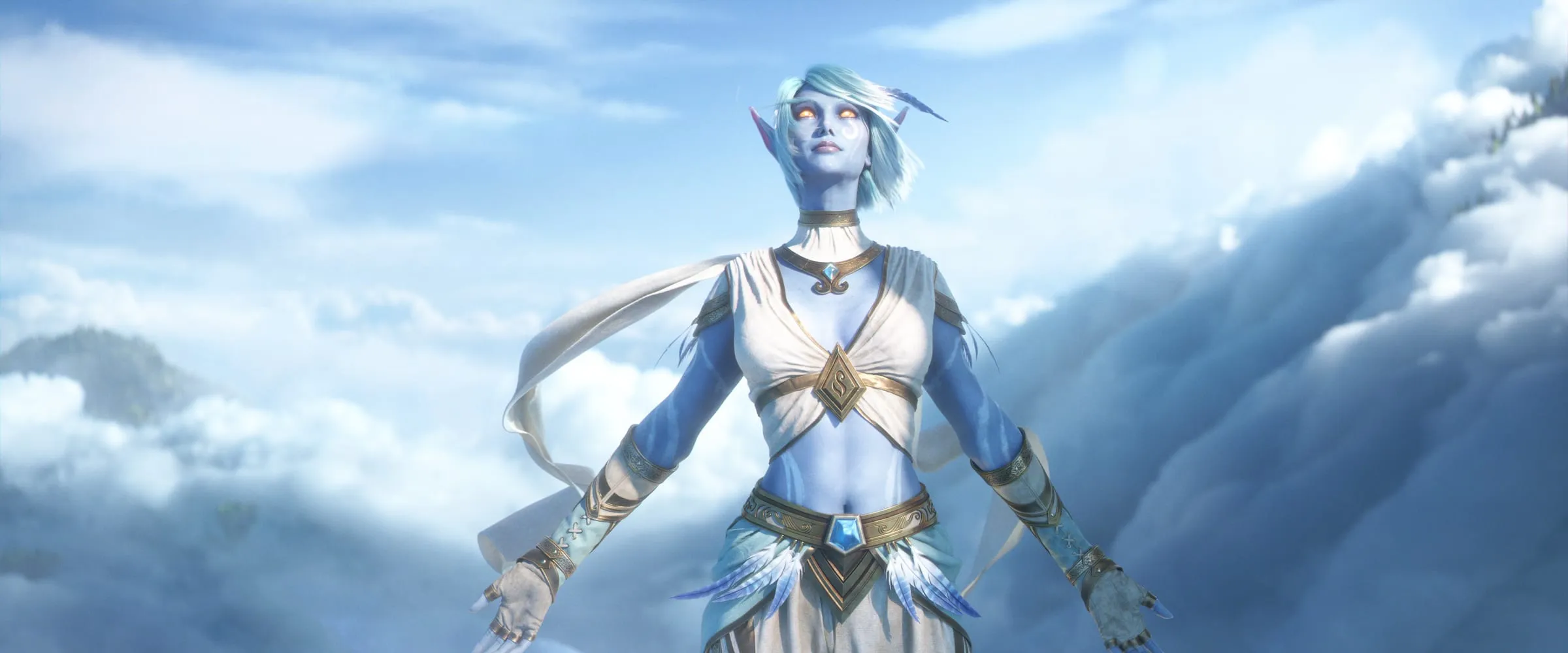A Skyborne elf standing among the clouds, ribbons trailing from her robes