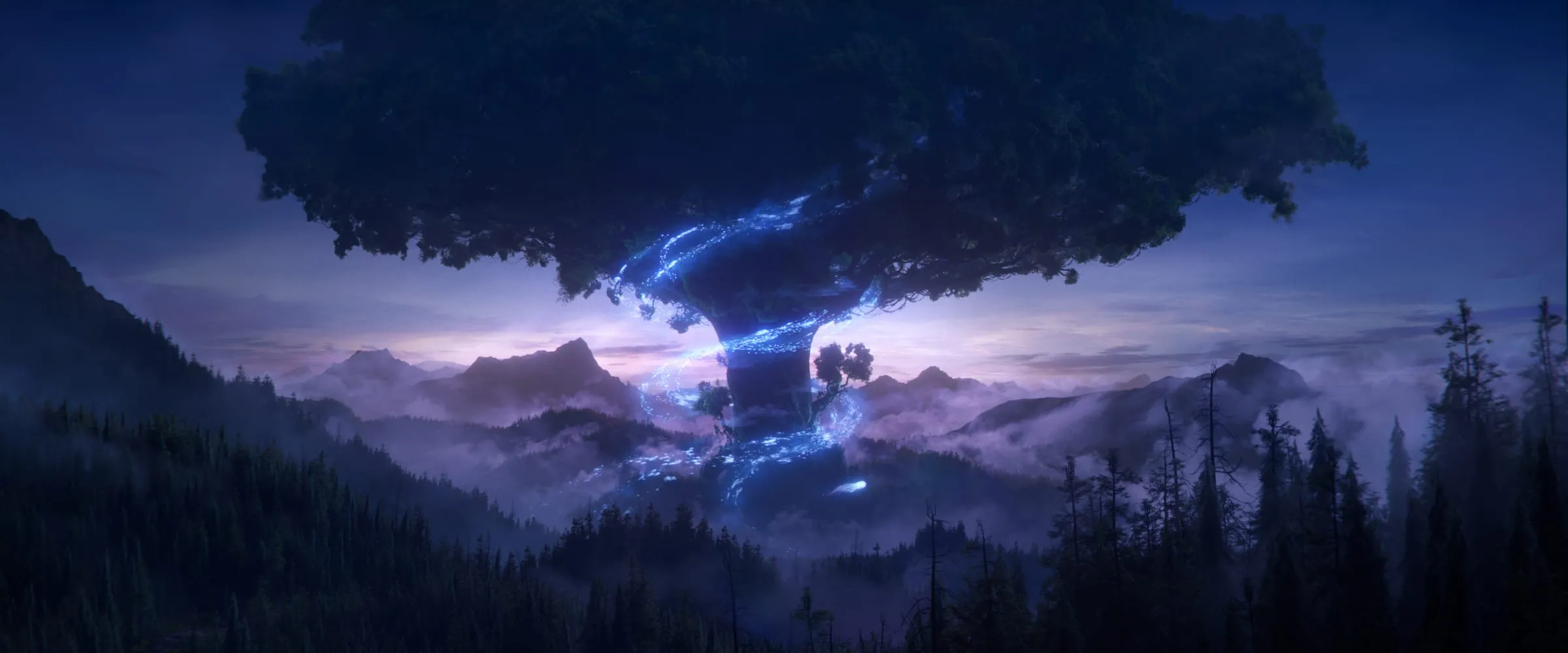 A vast tree standing above the mountains at night, light spiralling up its trunk